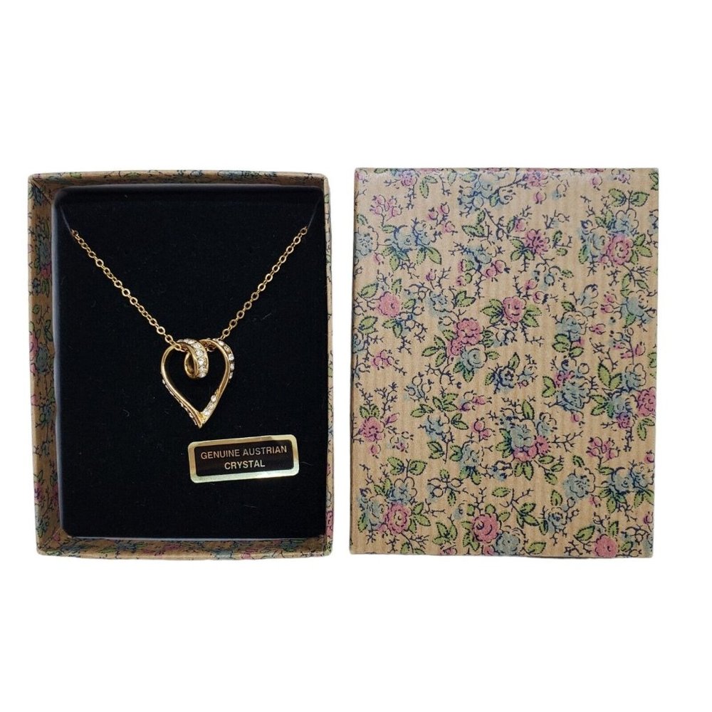 New Genuine Austrian Crystal Heart Necklace Gold Chain Rhinestone Vintage Box